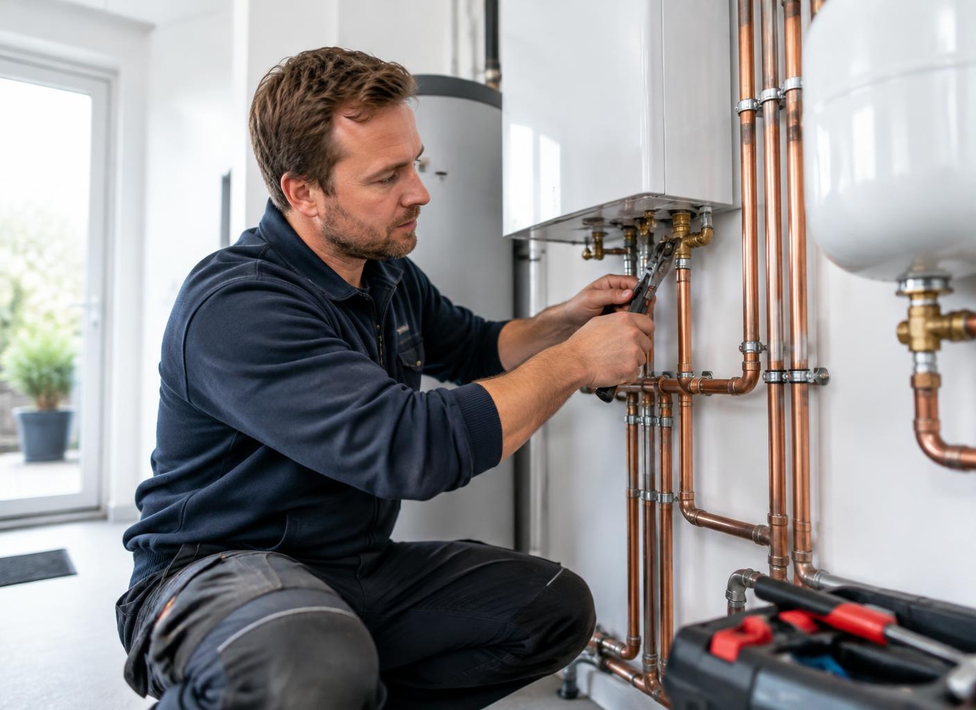Installatiemonteur werkt aan koperen verwarmingsleidingen